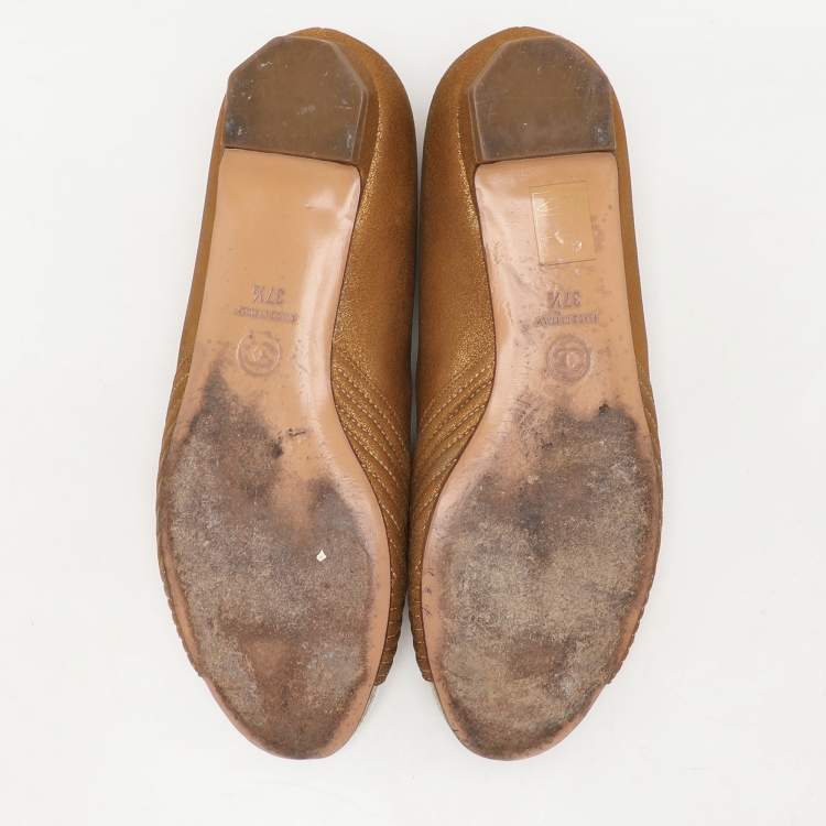 Pre Owned Chanel Brown Leather and PVC Embellished Ballet Flats Size 37.5