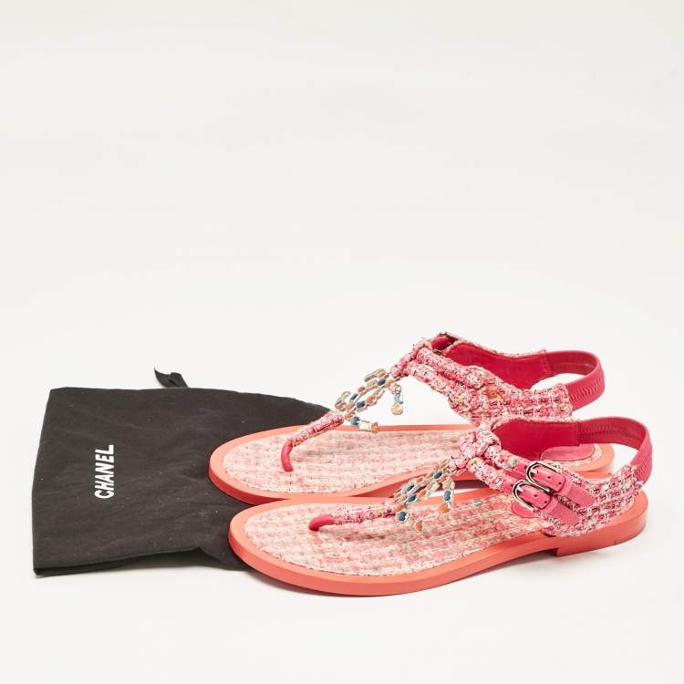 Pre Owned Chanel Pink Tweed Embellished CC Thong Flat Sandals Size 38.5