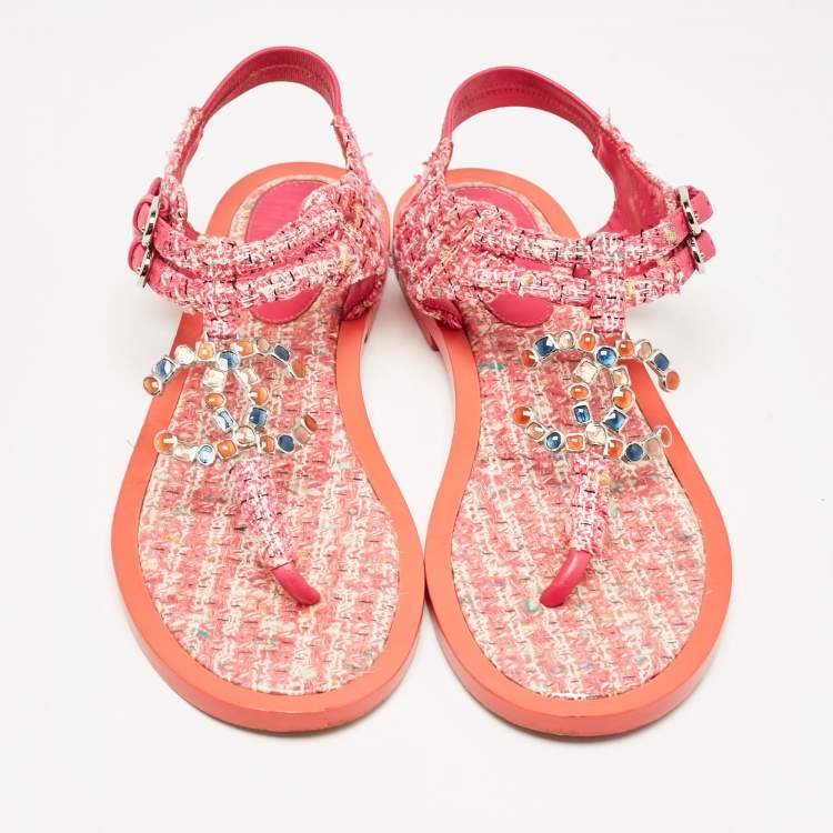 Pre Owned Chanel Pink Tweed Embellished CC Thong Flat Sandals Size 38.5