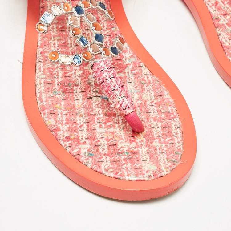 Pre Owned Chanel Pink Tweed Embellished CC Thong Flat Sandals Size 38.5