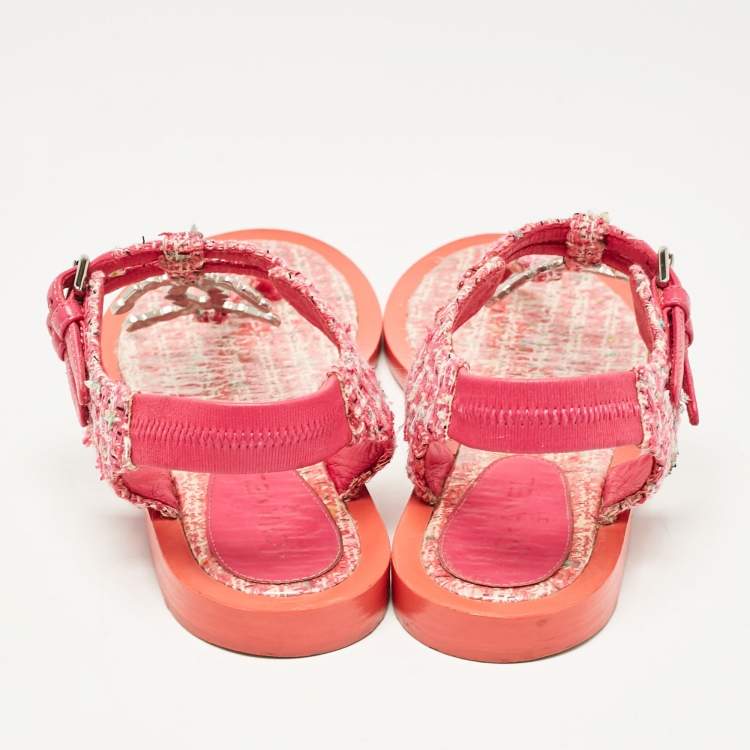 Pre Owned Chanel Pink Tweed Embellished CC Thong Flat Sandals Size 38.5