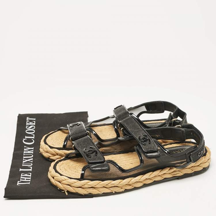 Pre Owned Chanel Black Mesh and Patent Leather Espadrille Dad Sandals Size 42