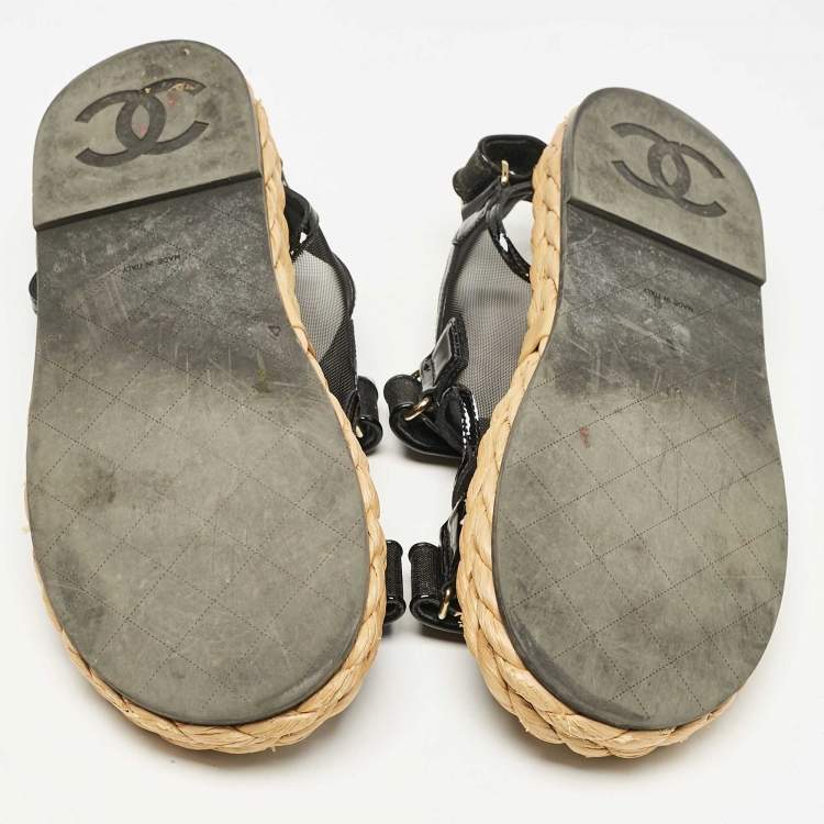 Pre Owned Chanel Black Mesh and Patent Leather Espadrille Dad Sandals Size 42