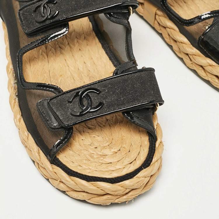 Pre Owned Chanel Black Mesh and Patent Leather Espadrille Dad Sandals Size 42