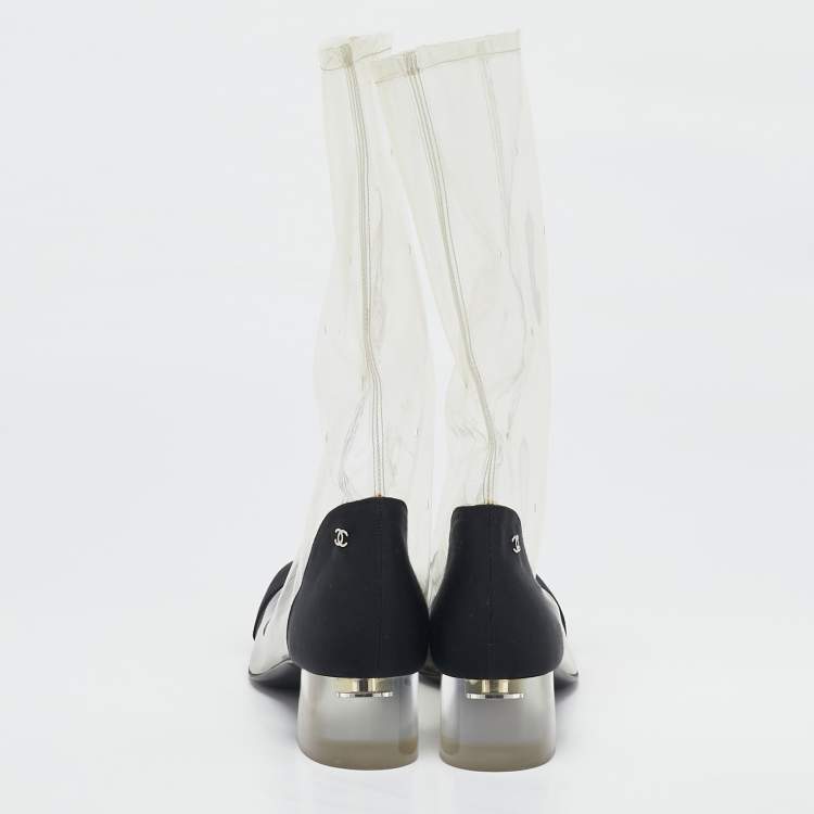 Pre Owned Chanel Black/Transparent Fabric and PVC CC Calf Length Boots Size 42