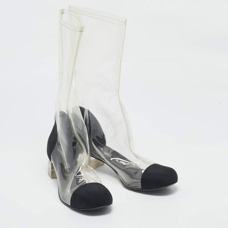 Pre Owned Chanel Black/Transparent Fabric and PVC CC Calf Length Boots Size 42