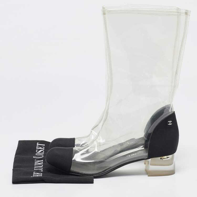 Pre Owned Chanel Black/Transparent Fabric and PVC CC Calf Length Boots Size 42