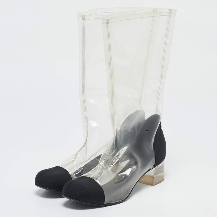 Pre Owned Chanel Black/Transparent Fabric and PVC CC Calf Length Boots Size 42