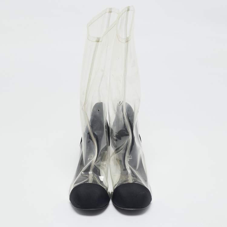 Pre Owned Chanel Black/Transparent Fabric and PVC CC Calf Length Boots Size 42