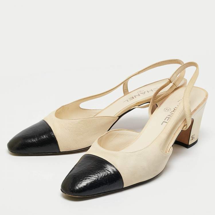 Pre Owned Chanel White/Black Leather Cap Toe Slingback Pumps Size 42