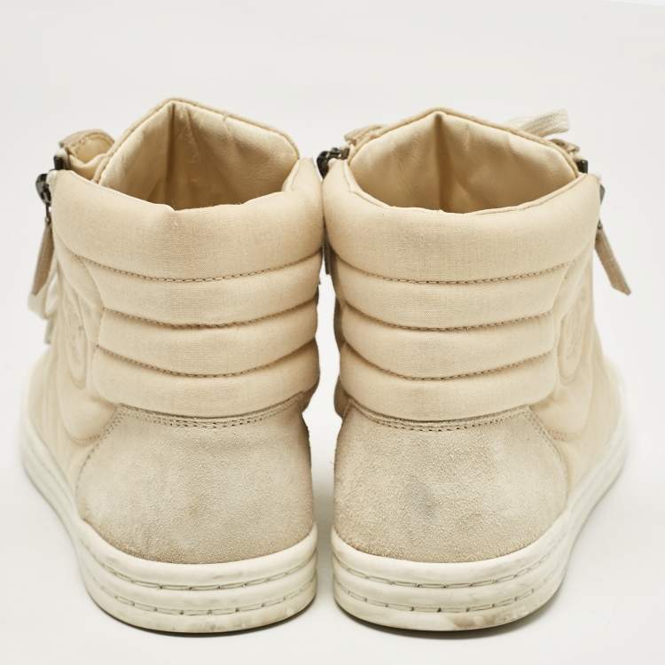 Pre Owned Chanel Cream Fabric and Suede CC Side Zip High Top Sneakers Size 39