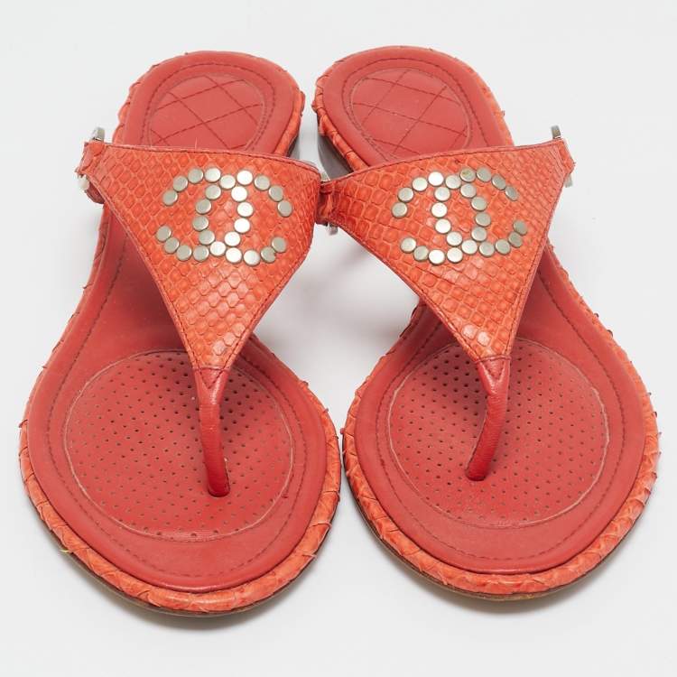 Pre Owned Chanel Orange Python Leather CC Thong Flat Slides  Size 38