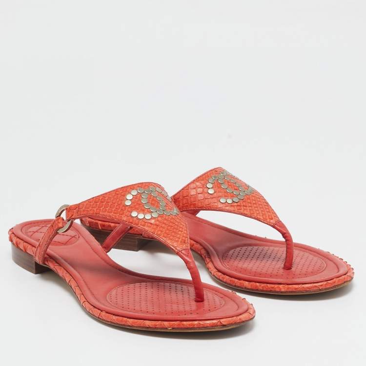 Pre Owned Chanel Orange Python Leather CC Thong Flat Slides  Size 38