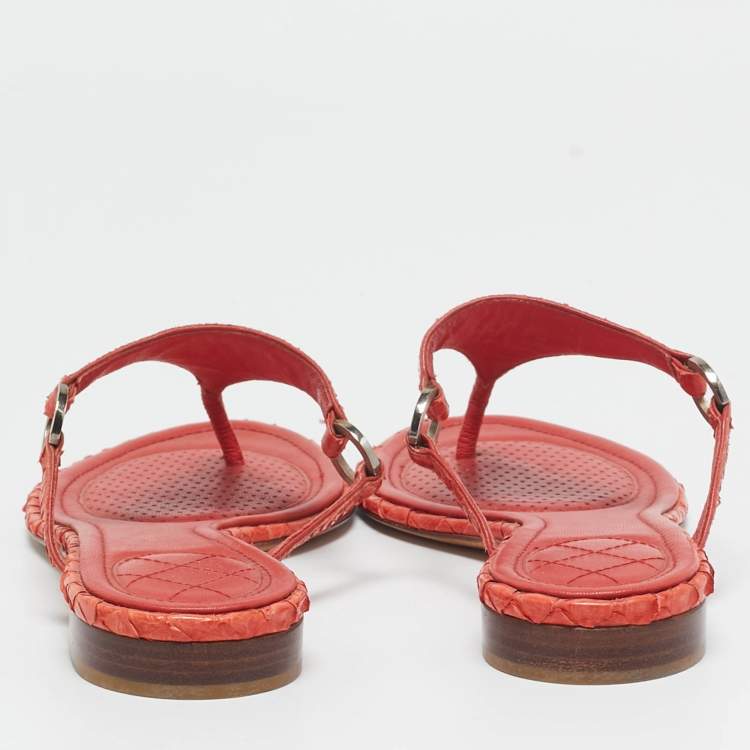 Pre Owned Chanel Orange Python Leather CC Thong Flat Slides  Size 38