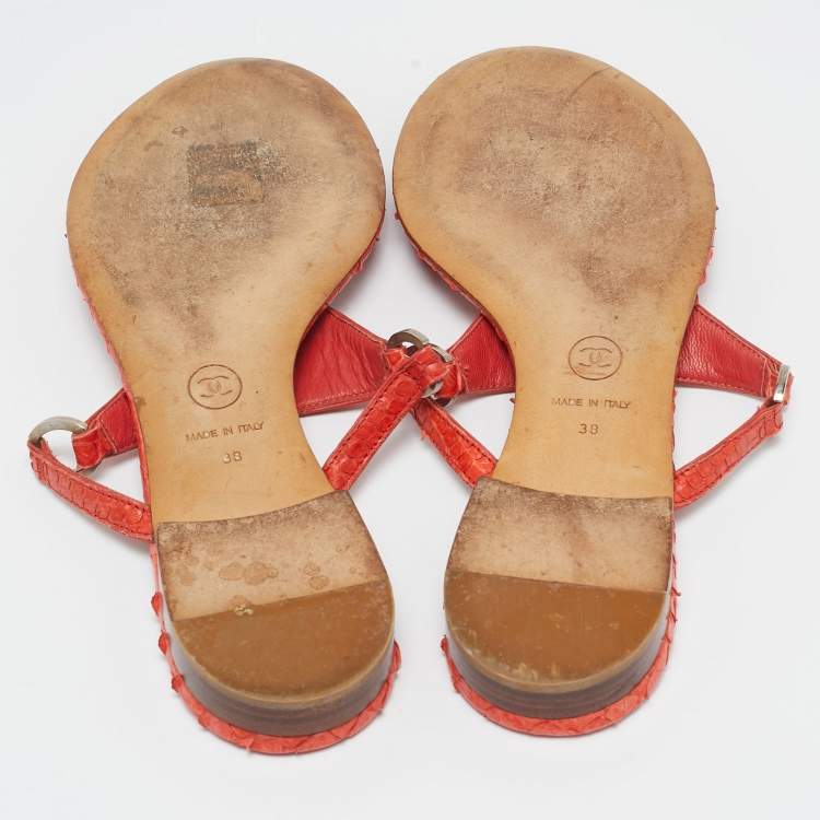 Pre Owned Chanel Orange Python Leather CC Thong Flat Slides  Size 38