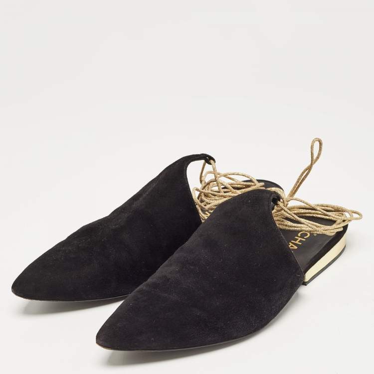Pre Owned Chanel Black Suede Ankle Wrap Flat Mules Size 39