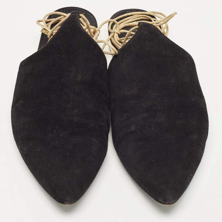 Pre Owned Chanel Black Suede Ankle Wrap Flat Mules Size 39