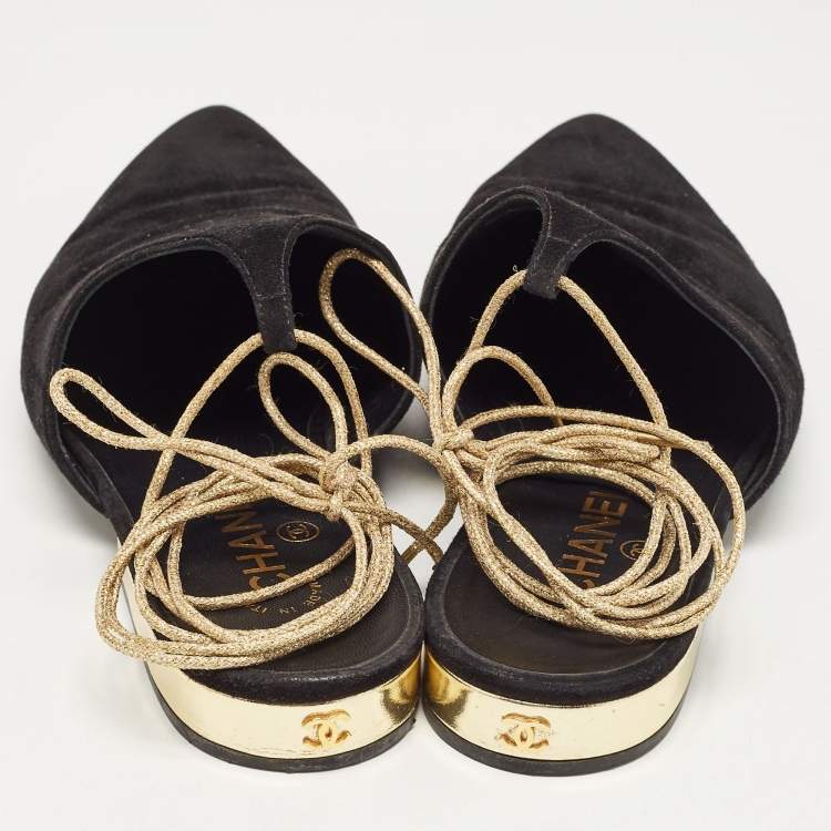 Pre Owned Chanel Black Suede Ankle Wrap Flat Mules Size 39