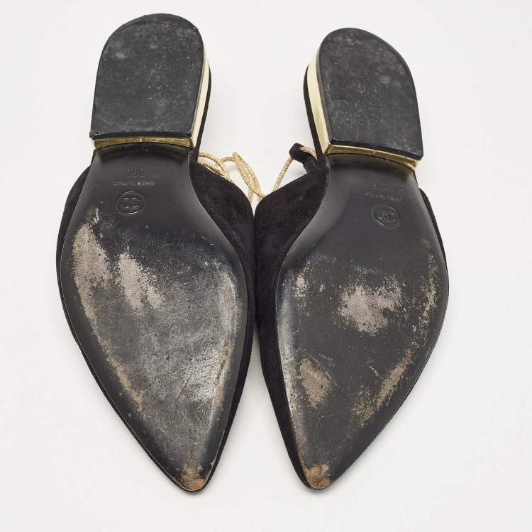 Pre Owned Chanel Black Suede Ankle Wrap Flat Mules Size 39