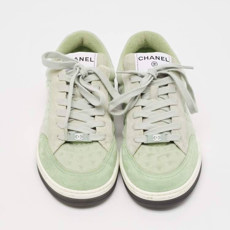 Pre Owned Chanel Light Green Fabric and Suede Skateboard Low Top Sneakers Size 36