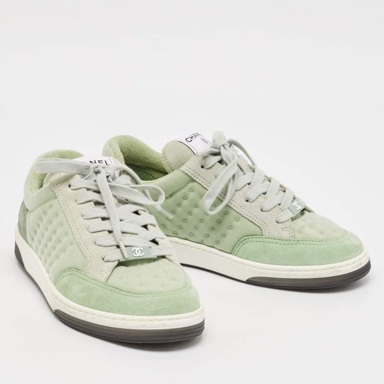 Pre Owned Chanel Light Green Fabric and Suede Skateboard Low Top Sneakers Size 36