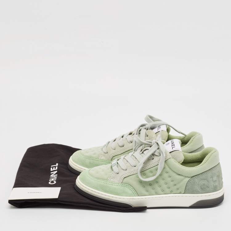 Pre Owned Chanel Light Green Fabric and Suede Skateboard Low Top Sneakers Size 36