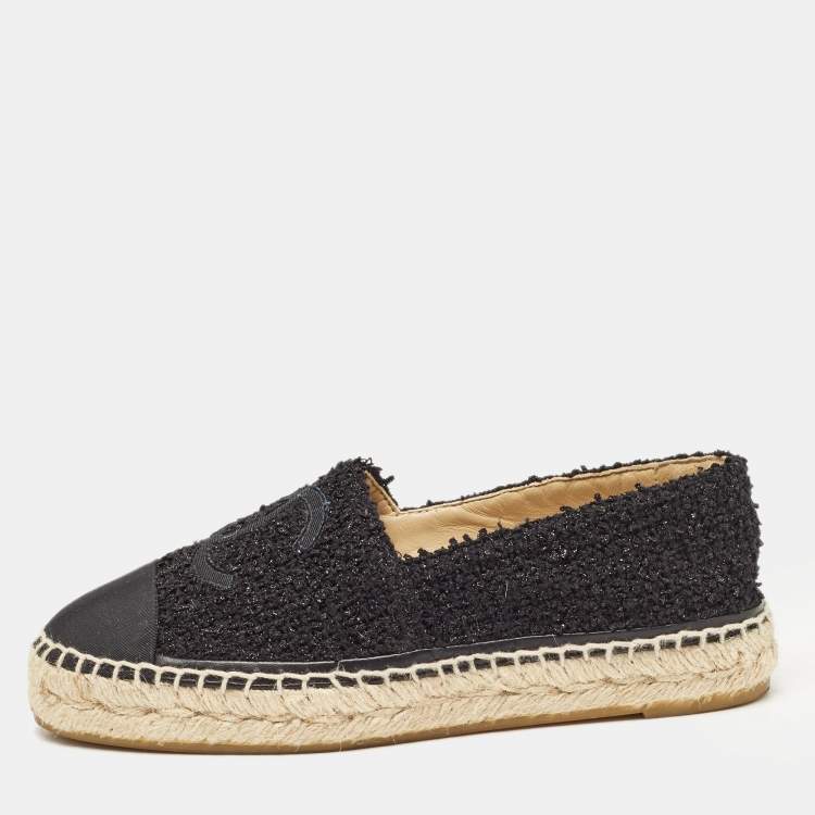 Pre Owned Chanel Black Canvas and Tweed Interlocking CC Logo Espadrille Flats Size 36
