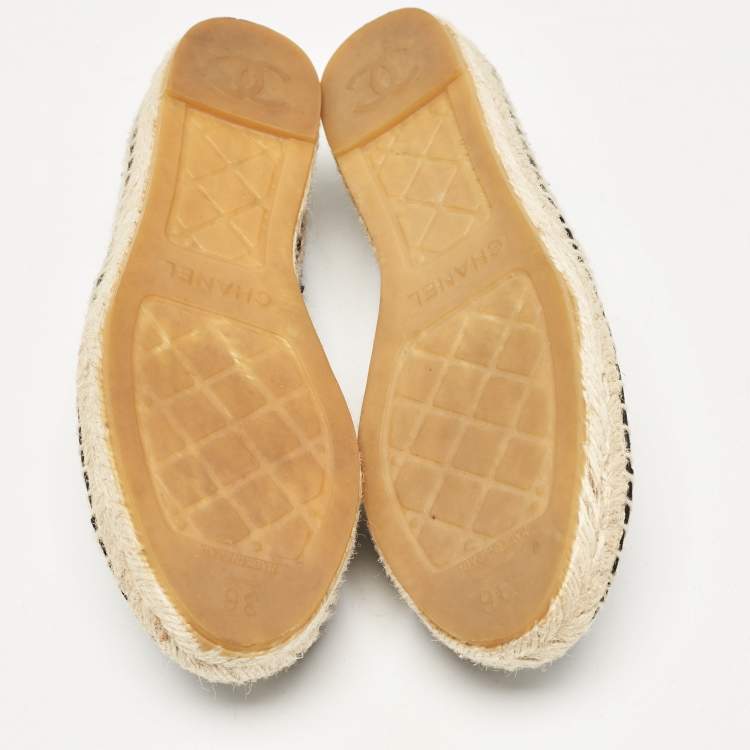 Pre Owned Chanel Black Canvas and Tweed Interlocking CC Logo Espadrille Flats Size 36