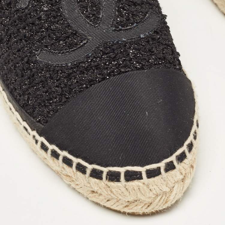 Pre Owned Chanel Black Canvas and Tweed Interlocking CC Logo Espadrille Flats Size 36