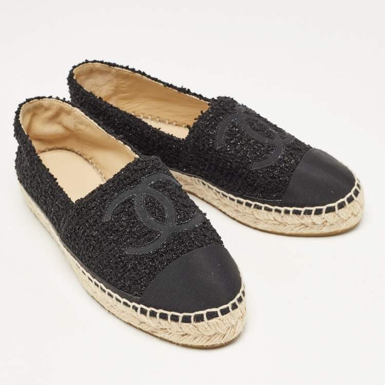 Pre Owned Chanel Black Canvas and Tweed Interlocking CC Logo Espadrille Flats Size 36