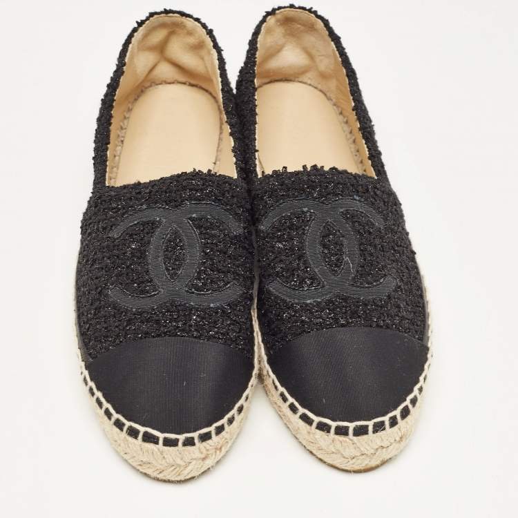 Pre Owned Chanel Black Canvas and Tweed Interlocking CC Logo Espadrille Flats Size 36