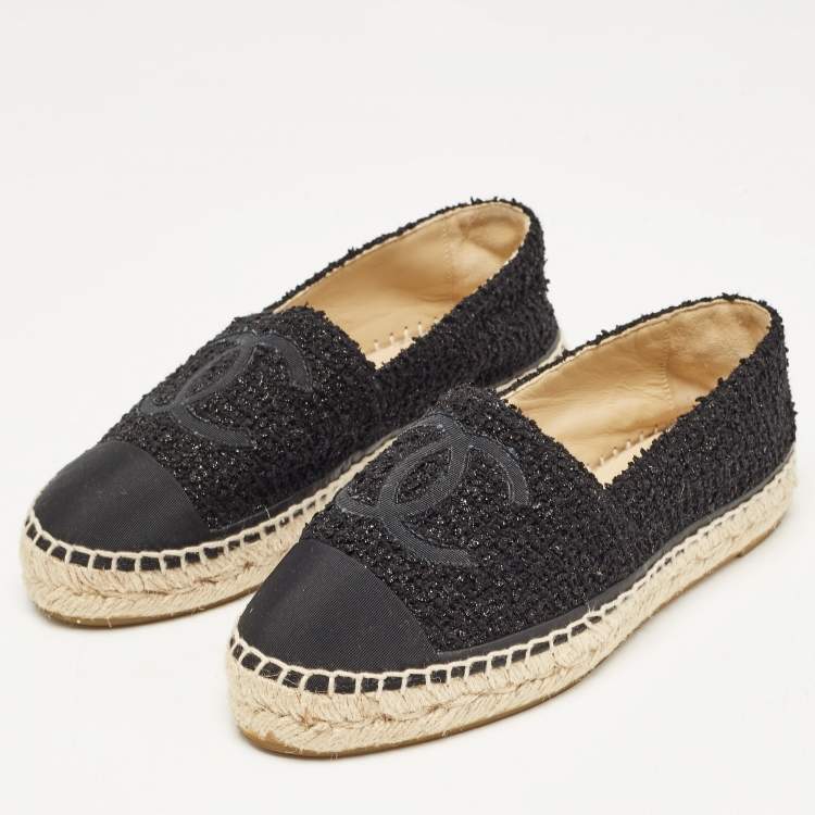 Pre Owned Chanel Black Canvas and Tweed Interlocking CC Logo Espadrille Flats Size 36