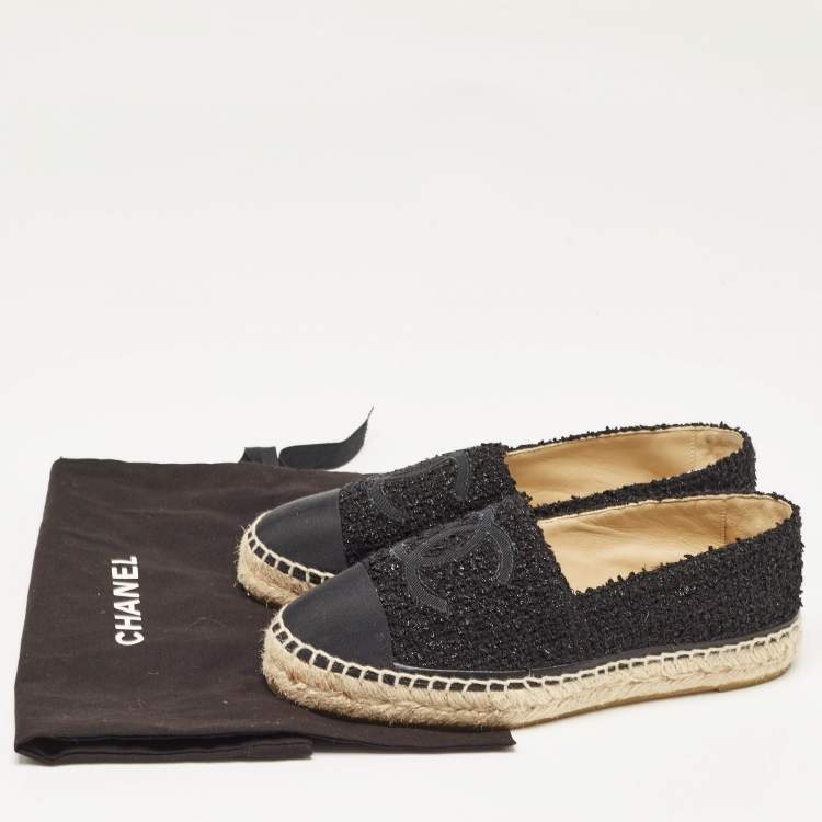 Pre Owned Chanel Black Canvas and Tweed Interlocking CC Logo Espadrille Flats Size 36