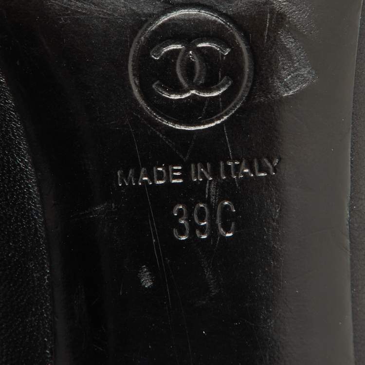 Pre Owned Chanel Black Leather Open Toe Pearl Heel Pumps Size 39