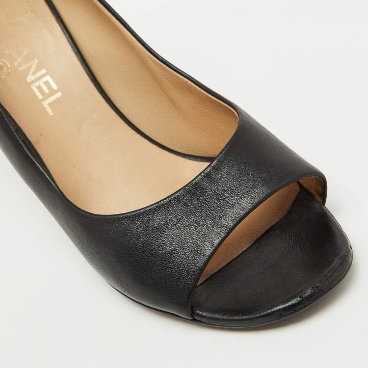 Pre Owned Chanel Black Leather Open Toe Pearl Heel Pumps Size 39