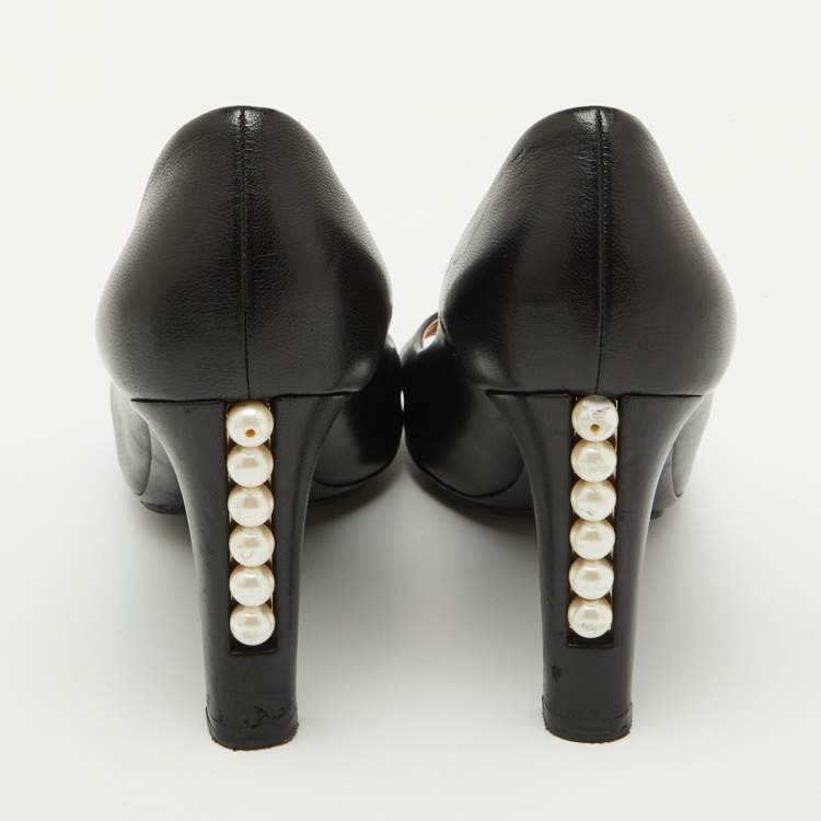 Pre Owned Chanel Black Leather Open Toe Pearl Heel Pumps Size 39