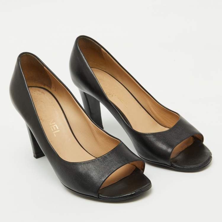 Pre Owned Chanel Black Leather Open Toe Pearl Heel Pumps Size 39