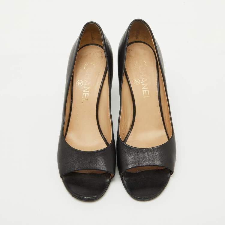 Pre Owned Chanel Black Leather Open Toe Pearl Heel Pumps Size 39