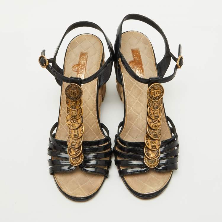 Pre Owned Chanel Black Patent Leather CC Coin T-Strap Wedge Sandals Size 39