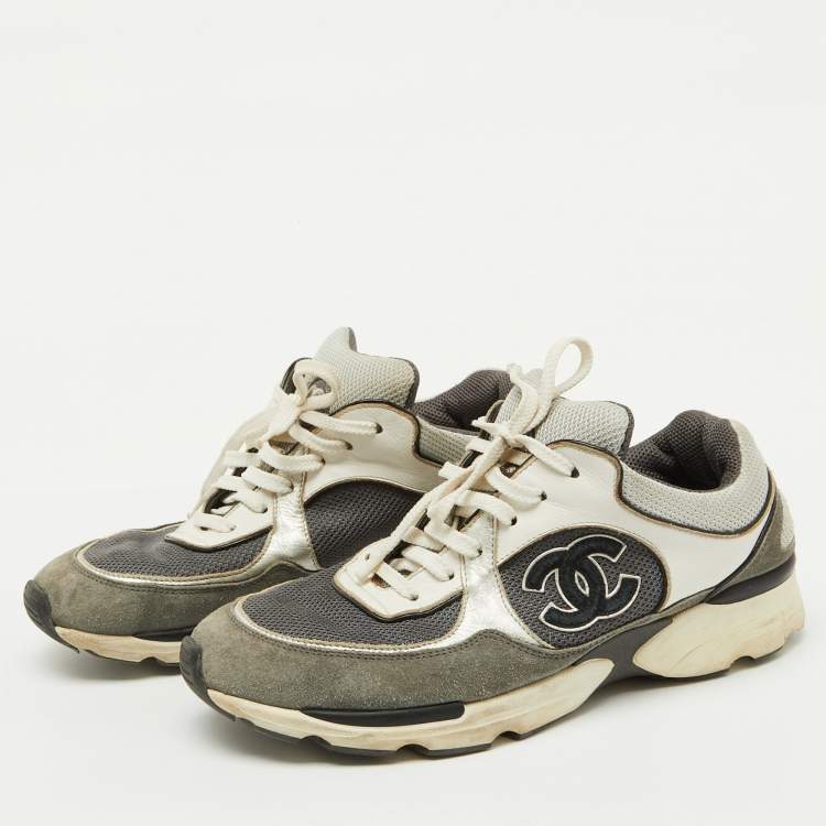 Pre Owned Chanel Grey/White Suede and Mesh CC Low Top Sneakers Size 39.5