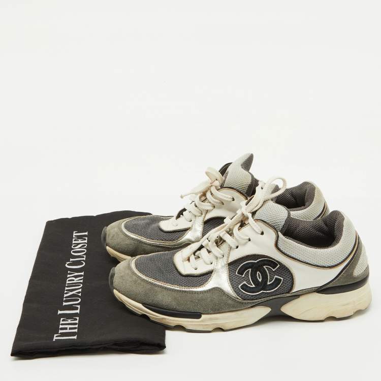 Pre Owned Chanel Grey/White Suede and Mesh CC Low Top Sneakers Size 39.5