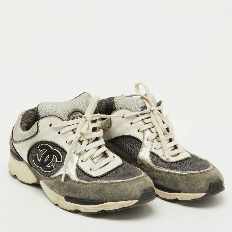 Pre Owned Chanel Grey/White Suede and Mesh CC Low Top Sneakers Size 39.5