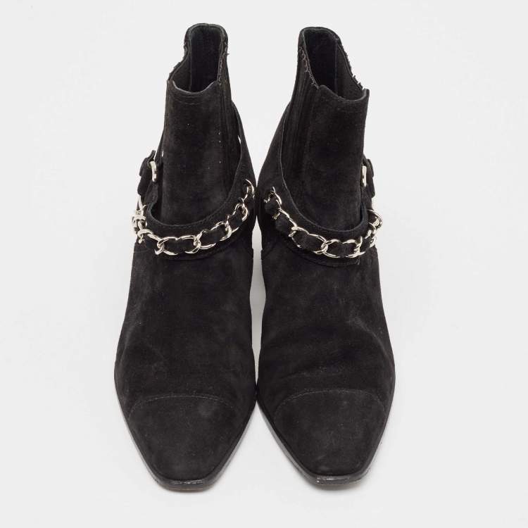 Pre Owned Chanel Black Suede CC Chain Detail Block Ankle Boots Size 35