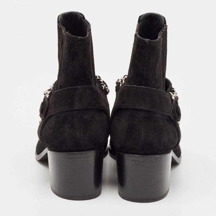 Pre Owned Chanel Black Suede CC Chain Detail Block Ankle Boots Size 35