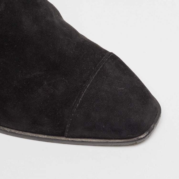 Pre Owned Chanel Black Suede CC Chain Detail Block Ankle Boots Size 35