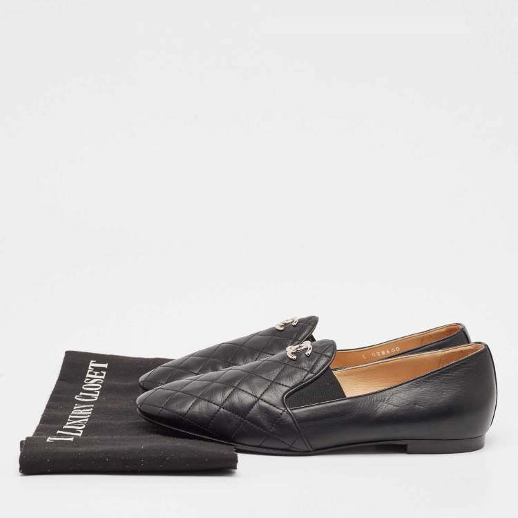 Pre Owned Chanel Black Leather CC Loafers Size 39.5
