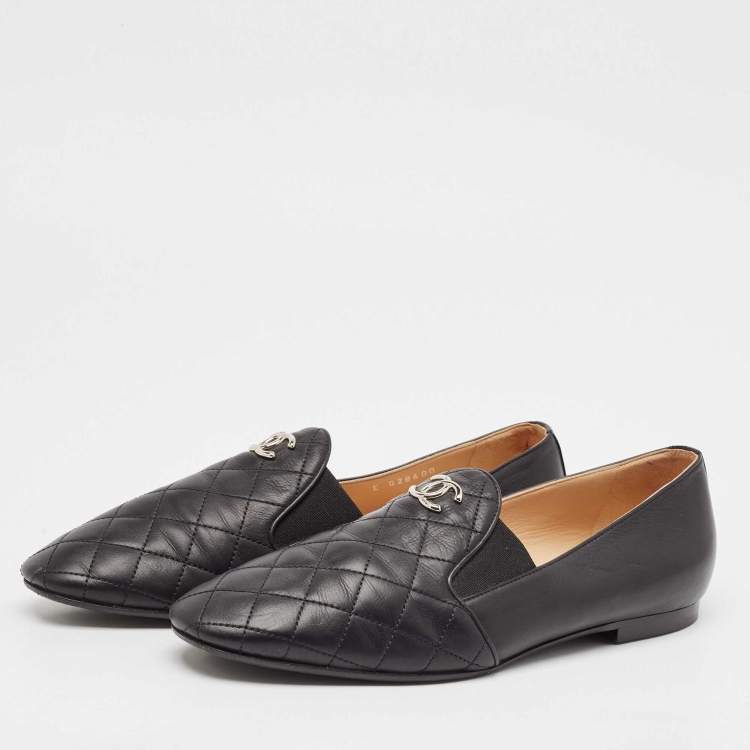 Pre Owned Chanel Black Leather CC Loafers Size 39.5