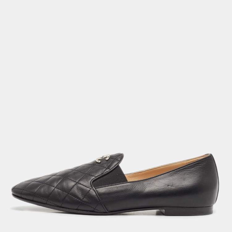 Pre Owned Chanel Black Leather CC Loafers Size 39.5