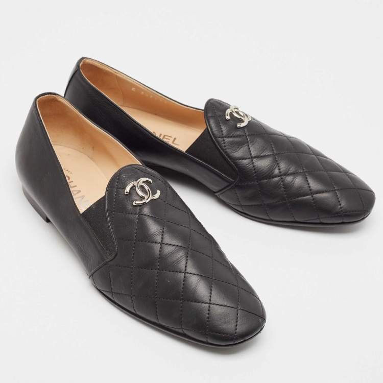 Pre Owned Chanel Black Leather CC Loafers Size 39.5