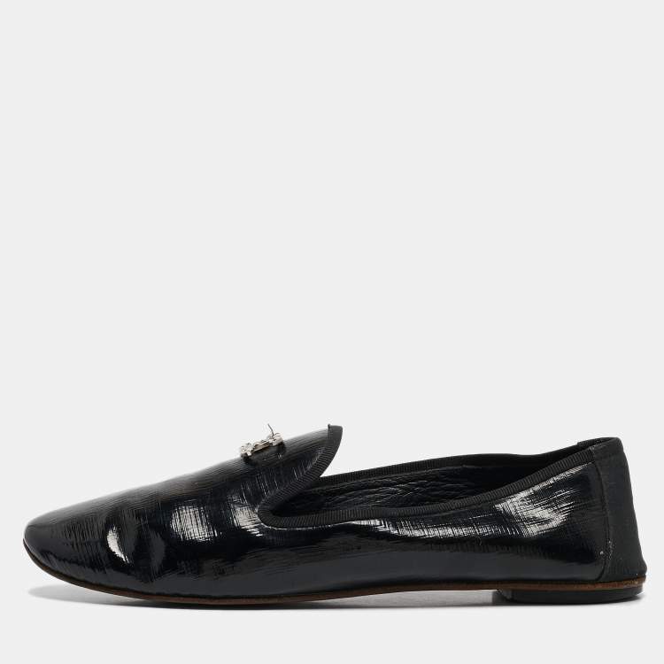 Pre Owned Chanel Black Leather CC Smoking Slippers Size 37.5